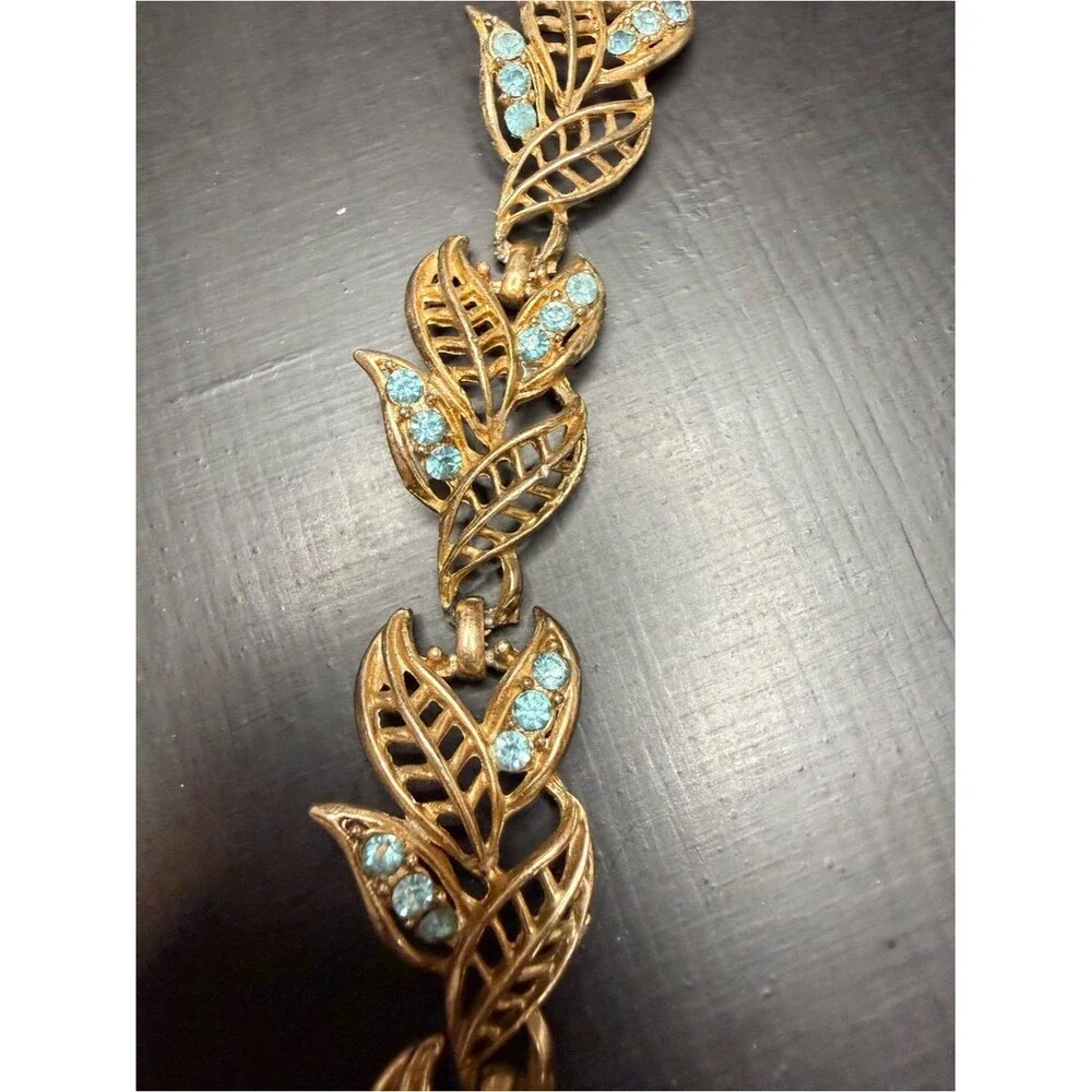 Gold Tone Leaf Link Bracelet Blue Rhinestone Vintage Style